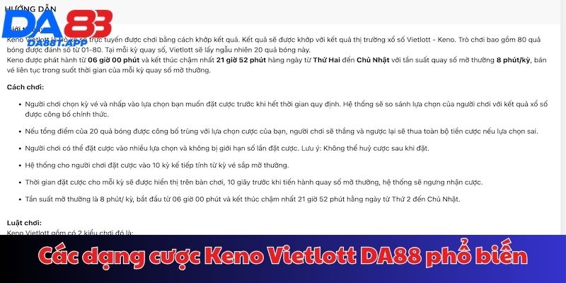 Quy luật các dạng cược Keno tại DA88