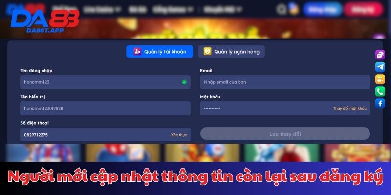 Cập nhật email DA88 sau khi tạo tài khoản